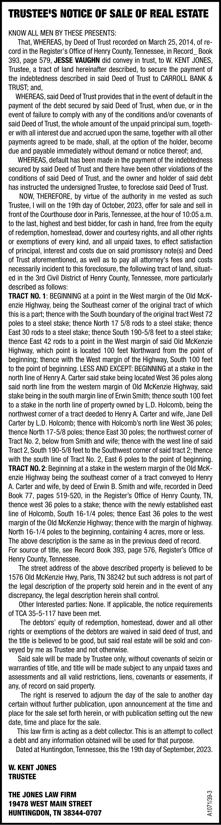 Trustee Notice of Sale - Vaughn