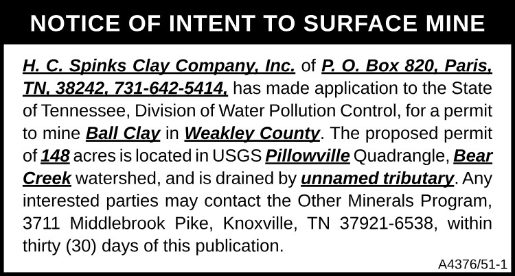 Notice of Intent to Surface Mine - Spinks Clay Company