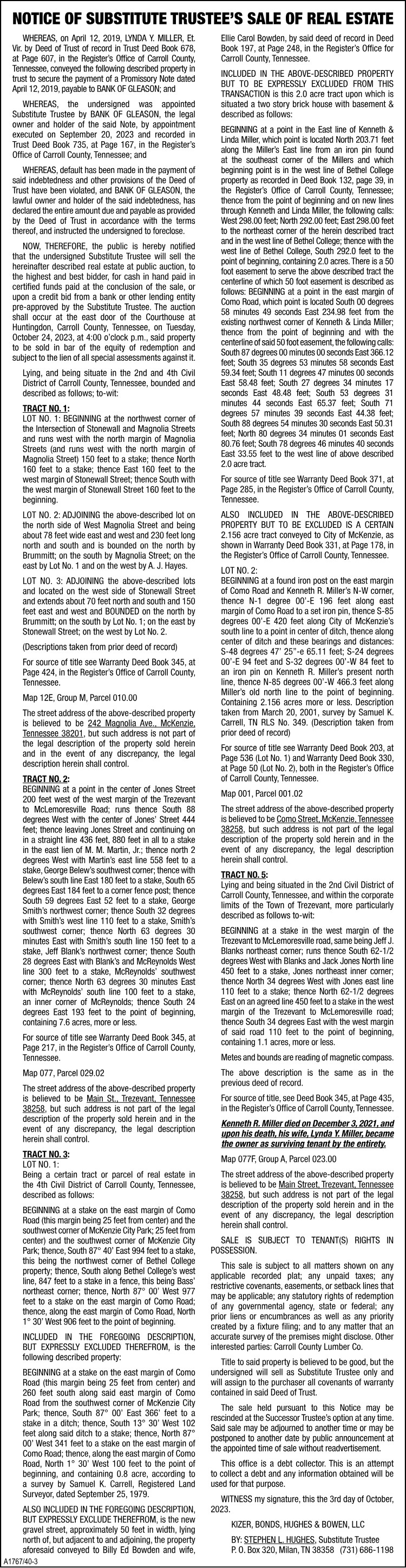 Notice of Substitute Trustee's Sale - Miller