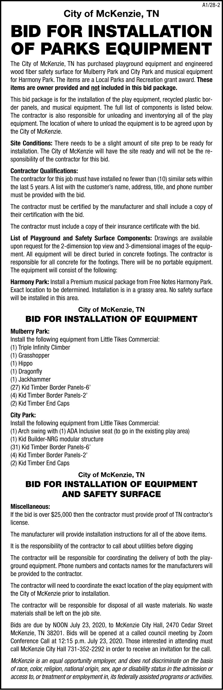 City of McKenzie - Bid for Park Equipment