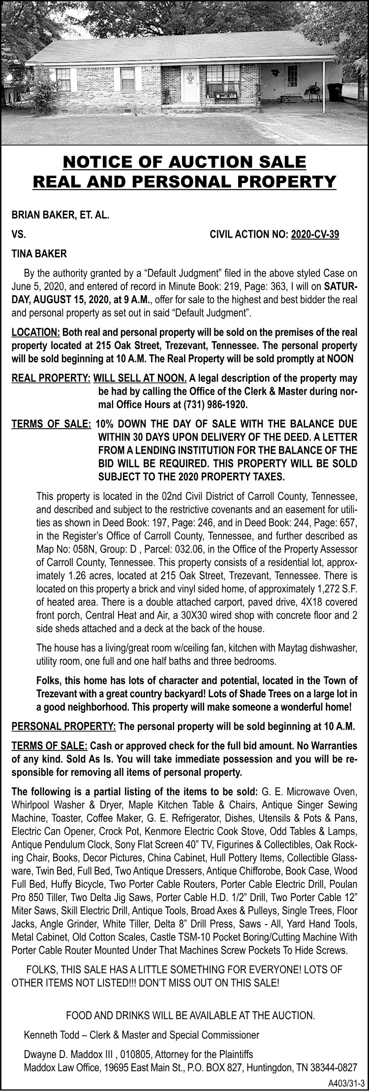 Notice of Auction Sale - BAKER