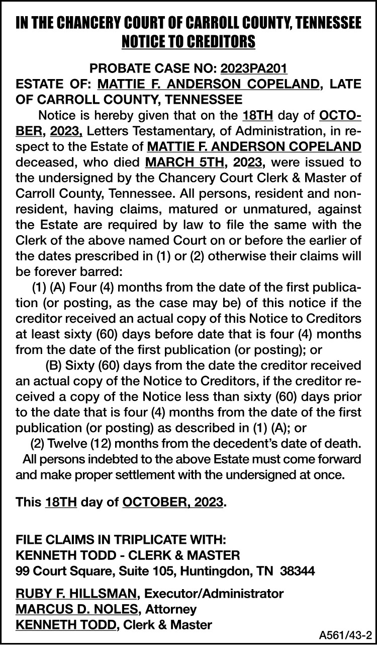 Notice to Creditors - Copeland