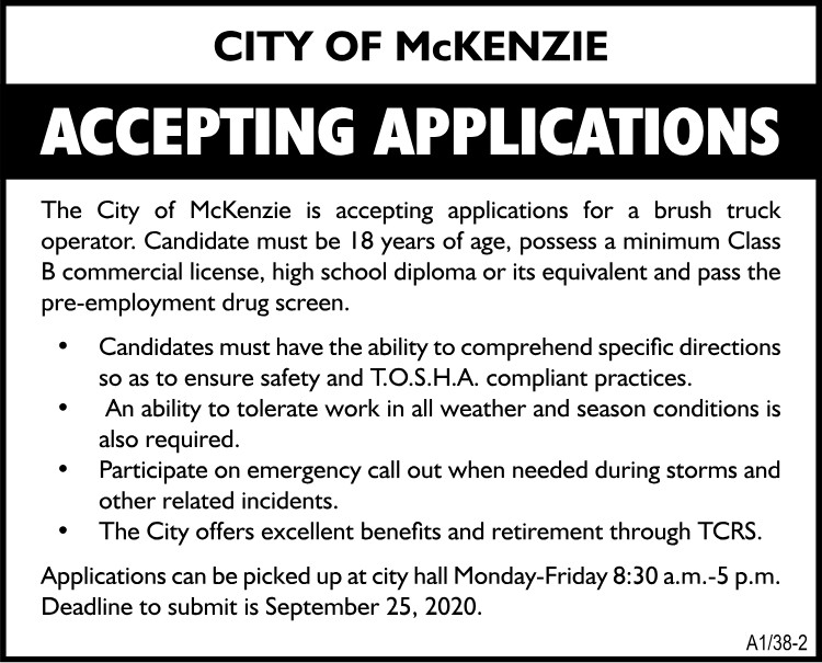 City of McKenzie - Now Hiring Brush Truck Operator