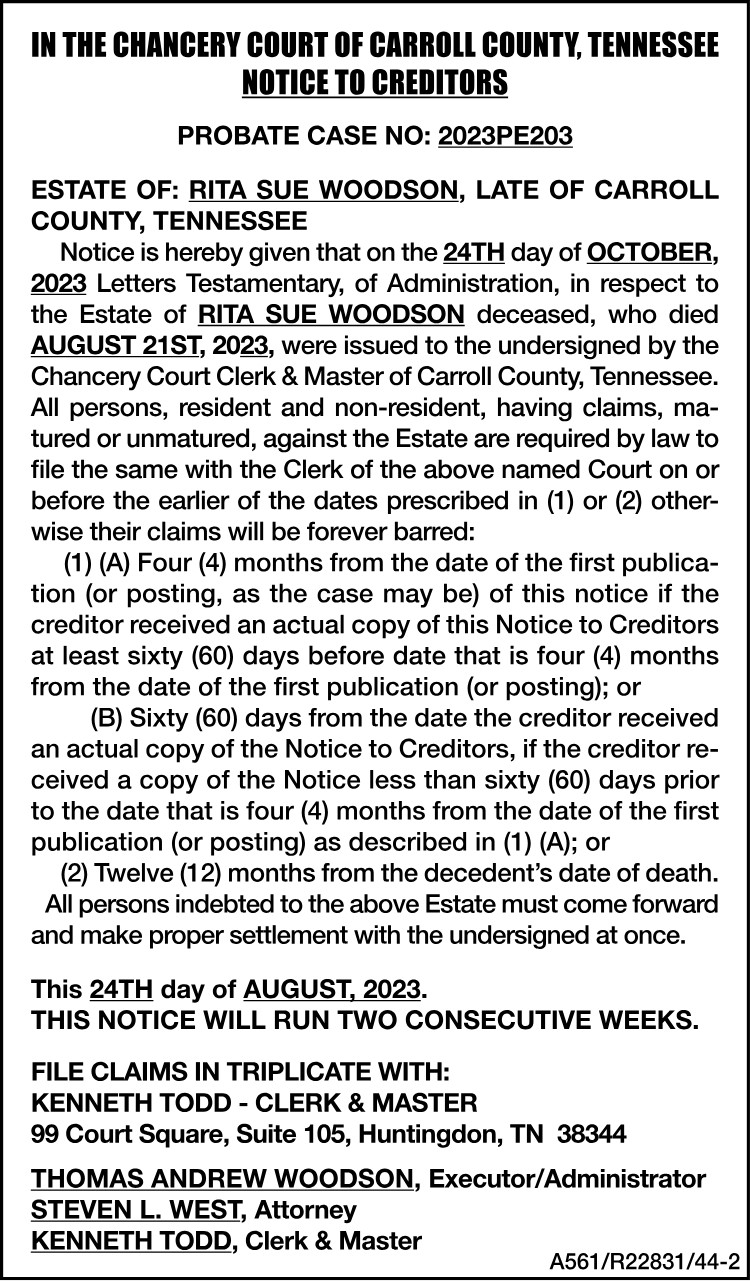 Notice to Creditors - WOODSON