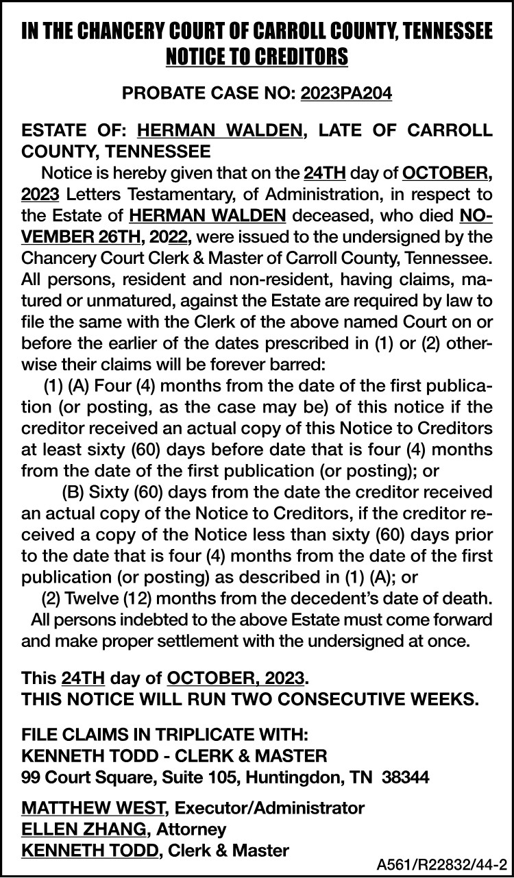 Notice to Creditors - WALDEN