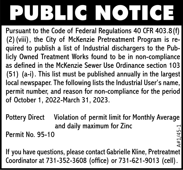 Public Notice City of McKenzie Pretreatment