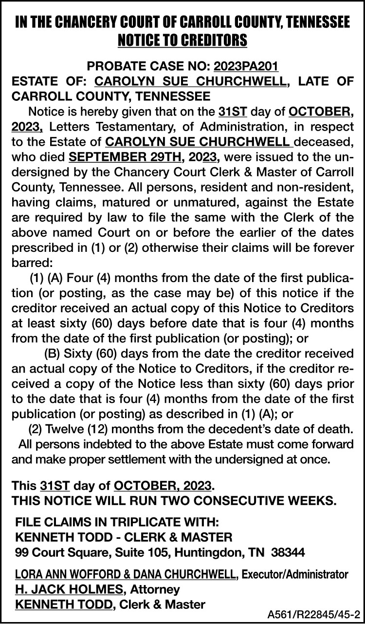 Notice to Creditors - Churchwell