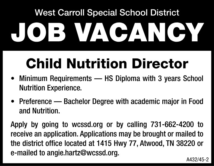 West Carroll School Job Vacancy - Child Nutrition Director