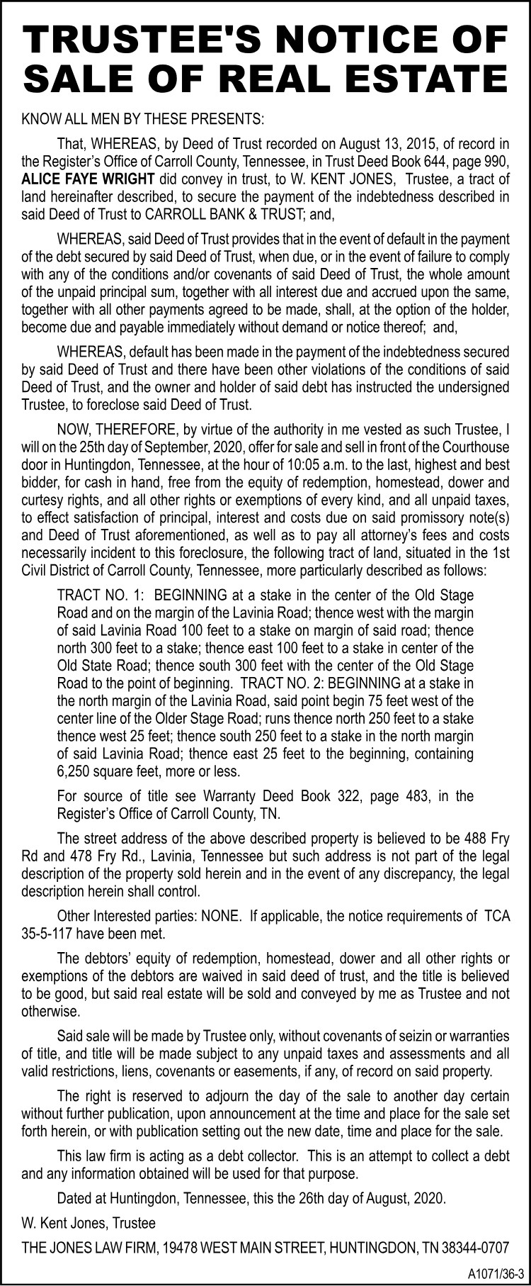 Notice of Real Estate Sale - WRIGHT