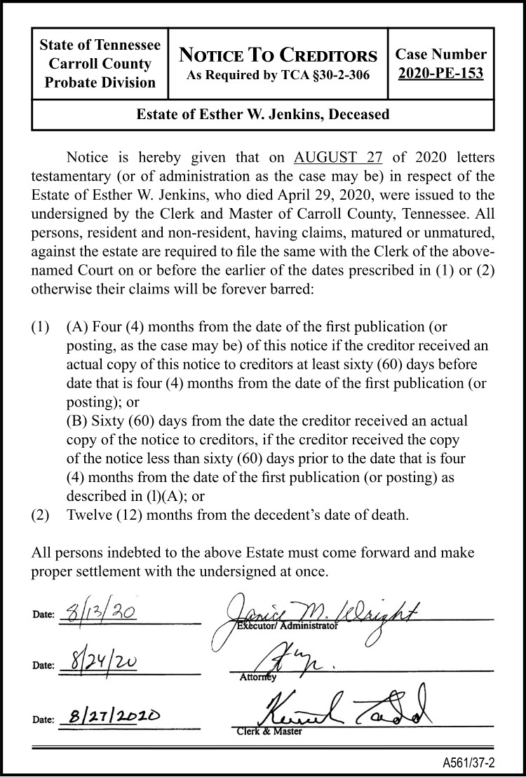 Notice to Creditors - JENKINS