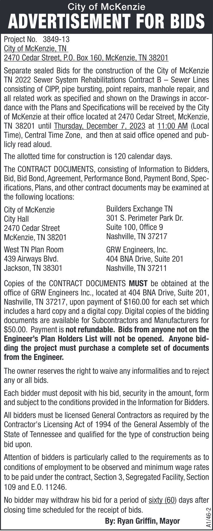 City of McKenzie Advertisement for Bids