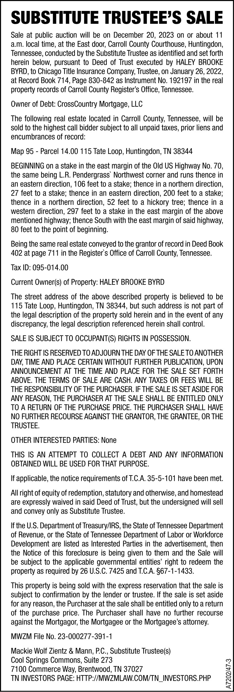Notice of Substitute Trustee's Sale - BYRD