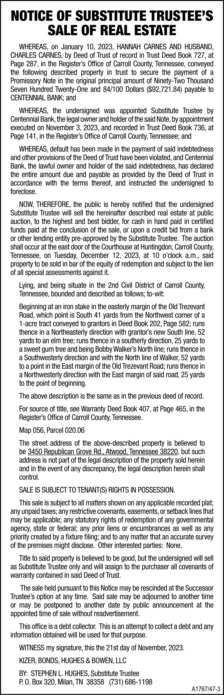 Notice of Substitute Trustee Sale - CARNES