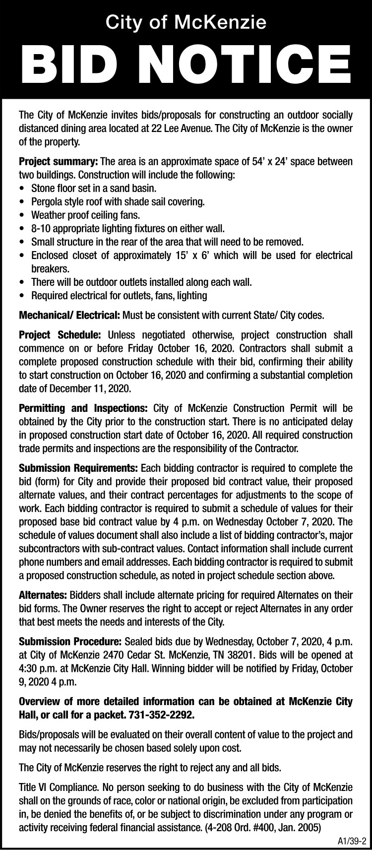 City of McKenzie Bid Ad - Outdoor Socially Distanced Dining Area