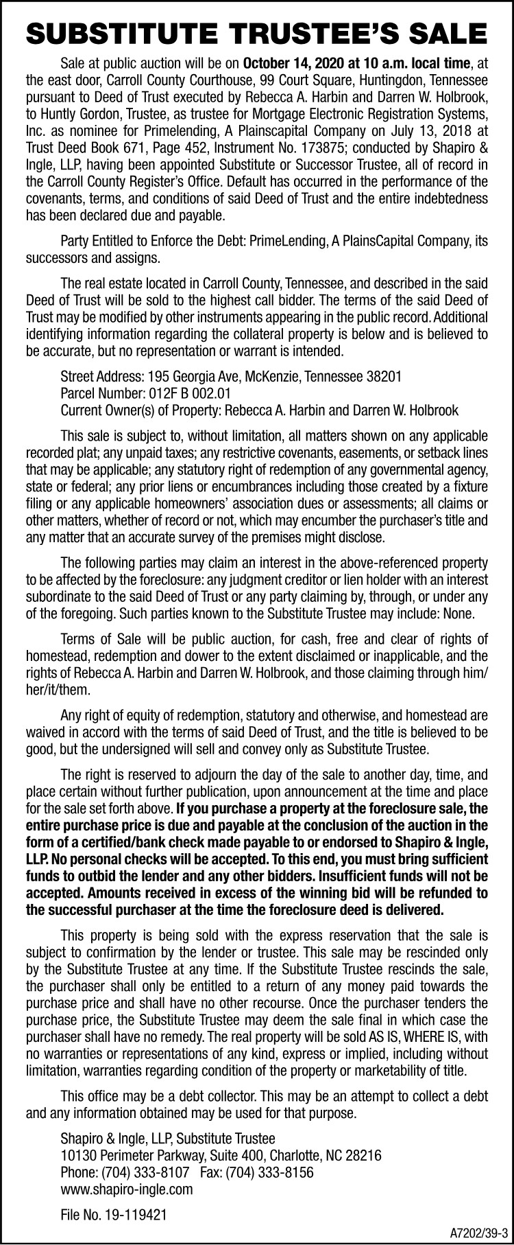 Substitute Trustee Sale - HARBIN-HOLBROOK