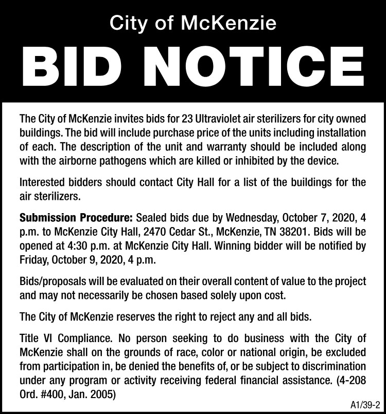 City of McKenzie Bid Ad - UV Air Sterilizers