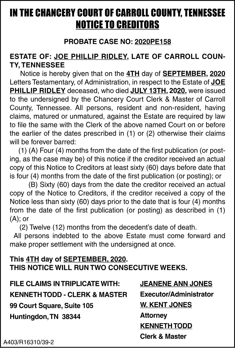 Notice to Creditors - RIDLEY