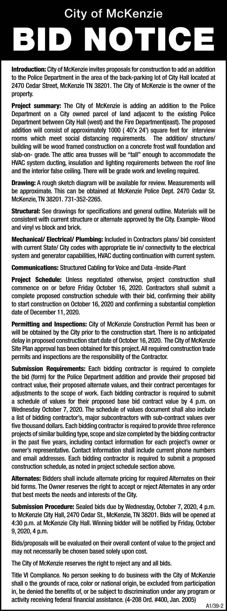 City of McKenzie Bid Ad - Police Dept Addition