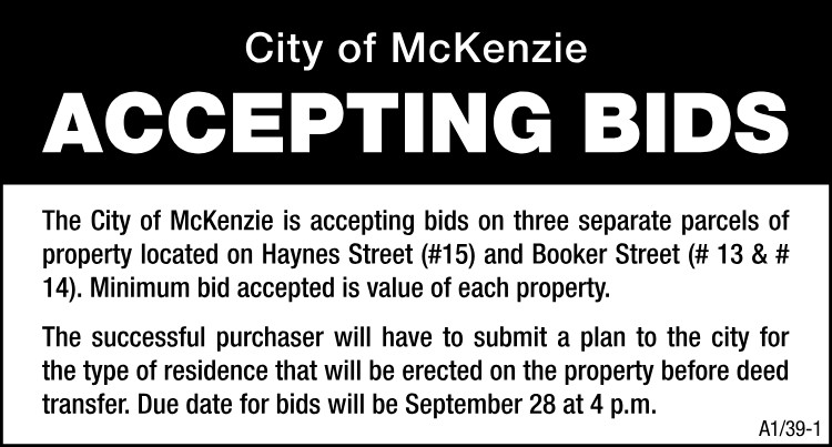 City of McKenzie - Accepting Bids on Haynes & Booker