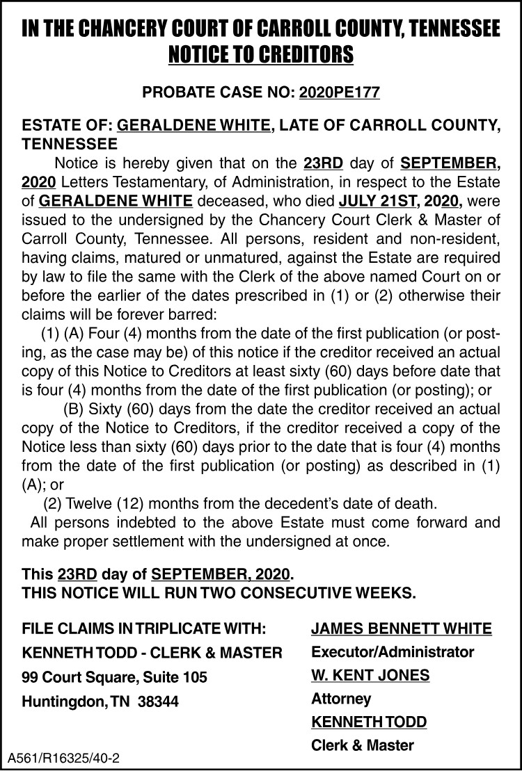 Notice to Creditors - WHITE