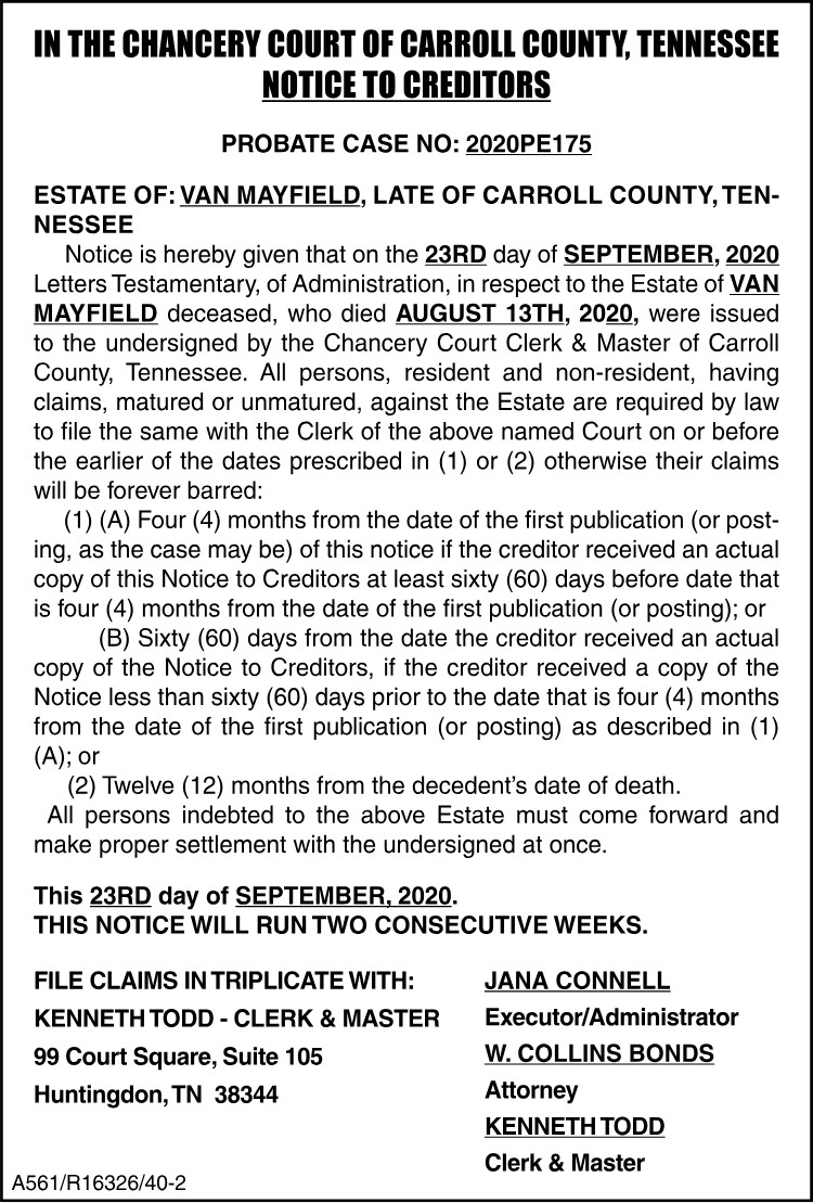 Notice to Creditors - MAYFIELD