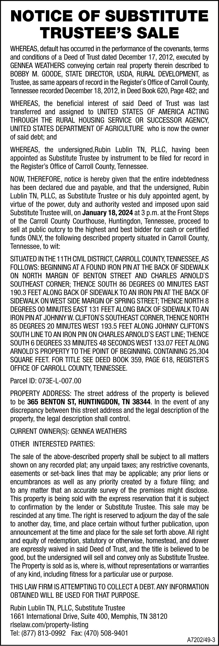 Notice of Substitute Trustee's Sale - WEATHERS