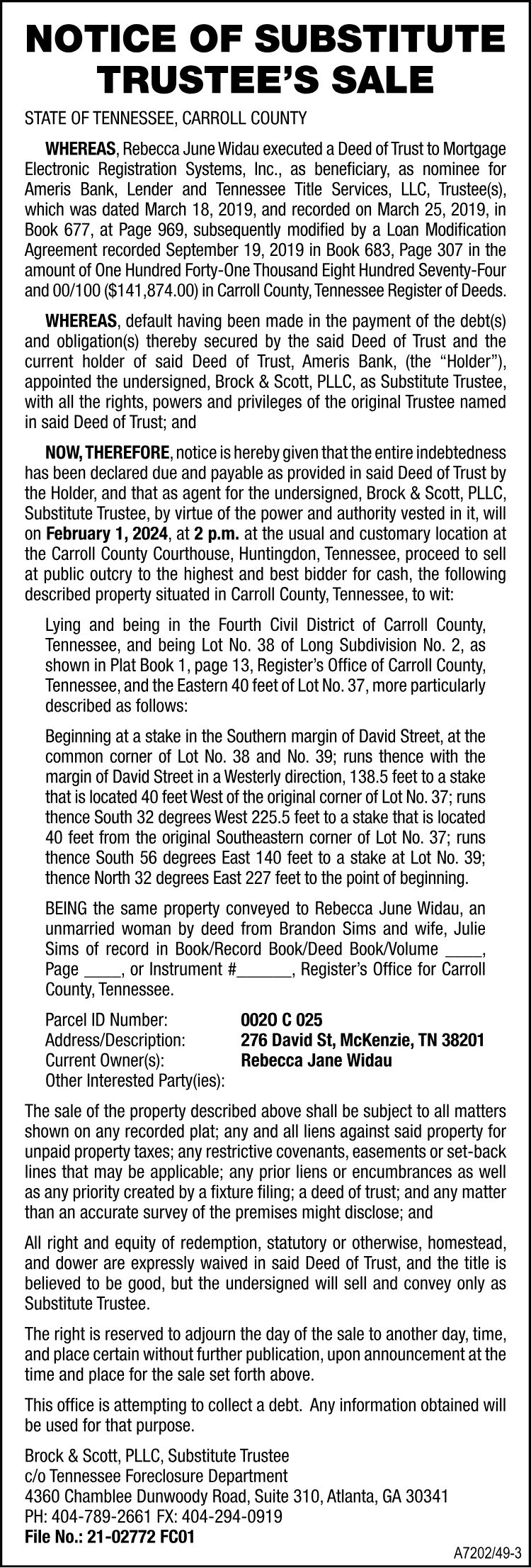 Notice of Foreclosure - WIDAU