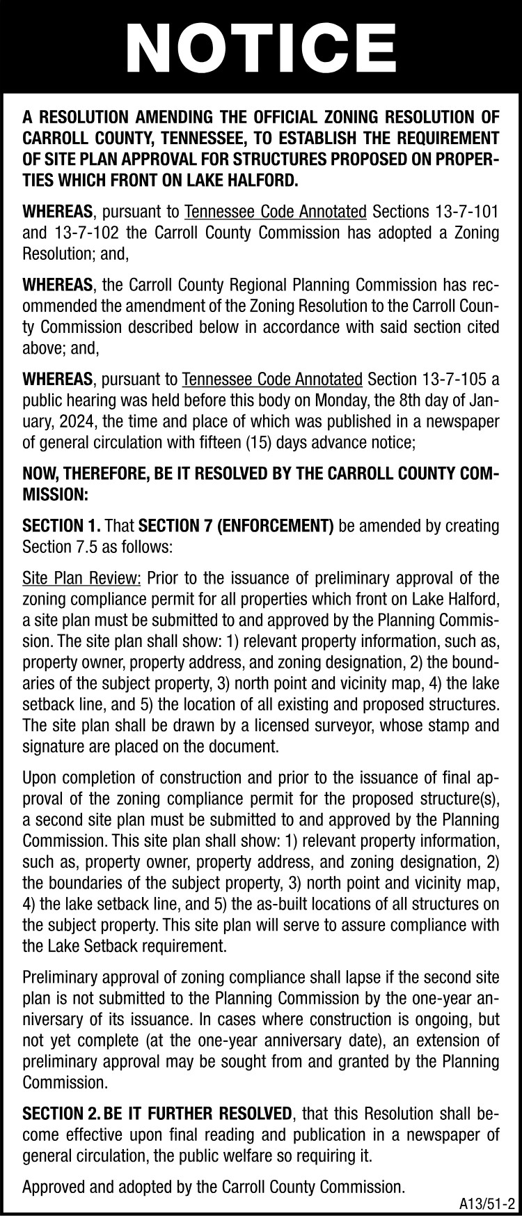 Resolution for Lake Zoning