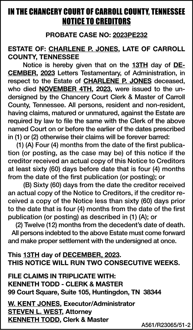 Notice to Creditors - JONES