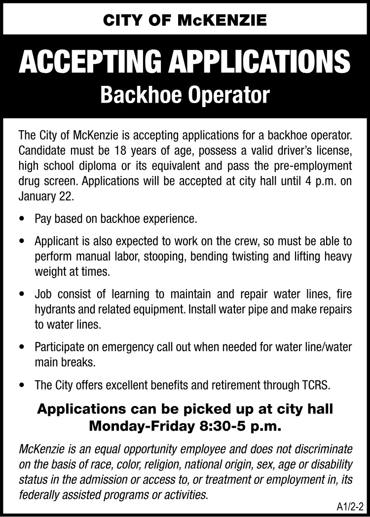City of McKenzie Hiring Backhoe Operator