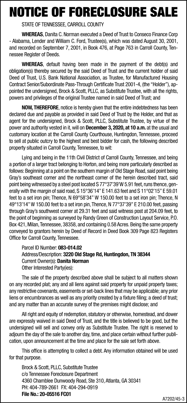 Notice of Foreclosure Sale - NORMAN