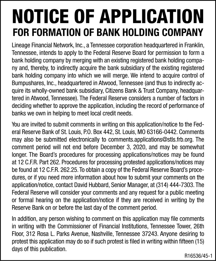 Notice of Application - Citizens Bank & Trust