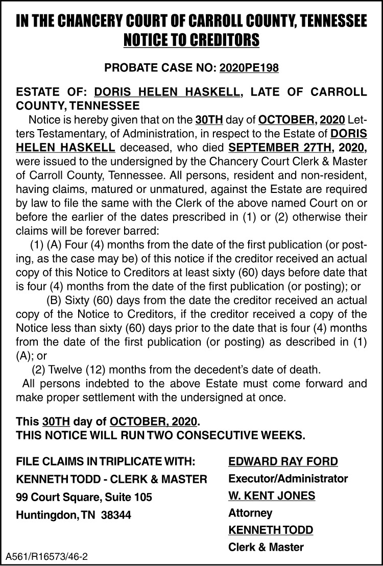Notice to Creditor - HASKELL