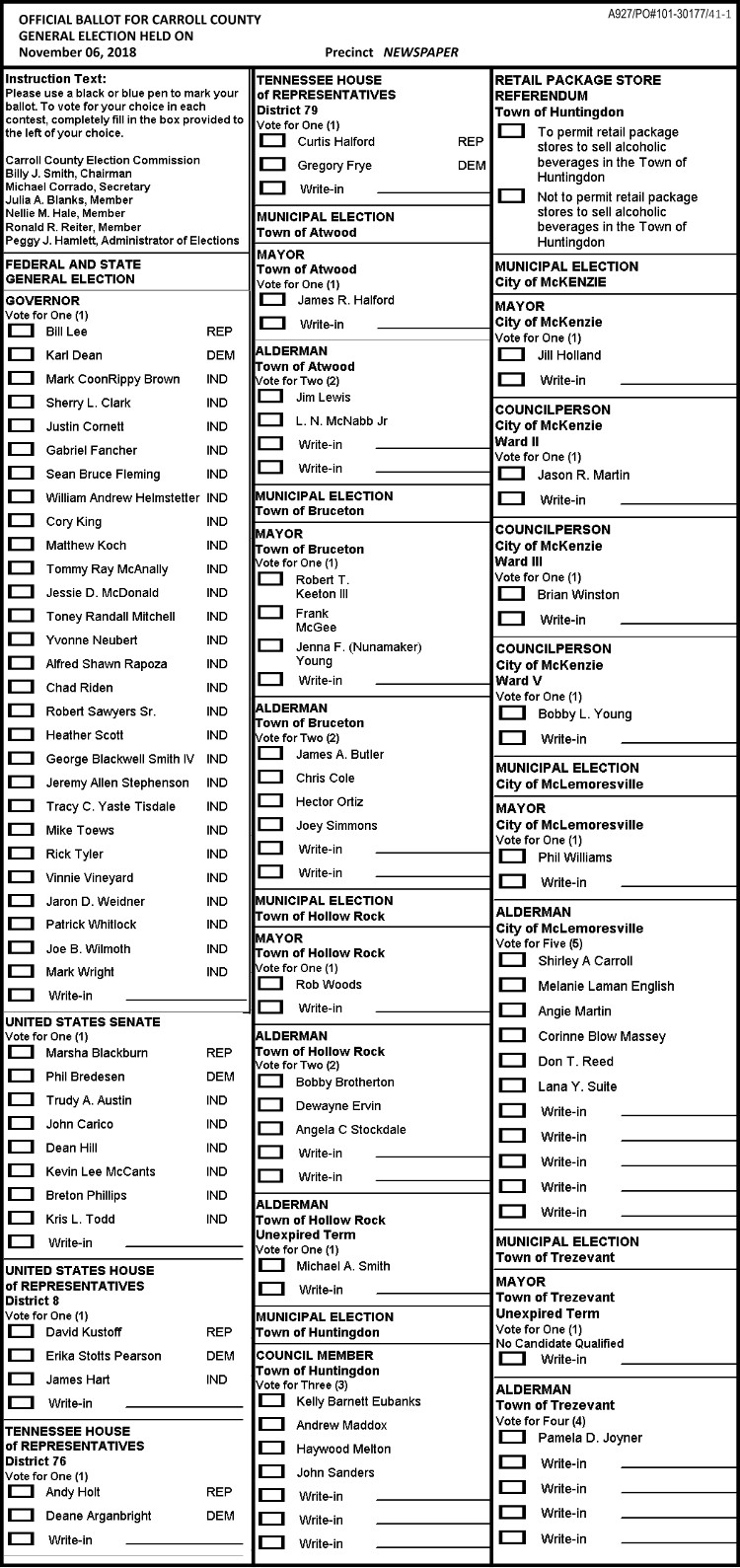 Carroll County Election Sample Ballot