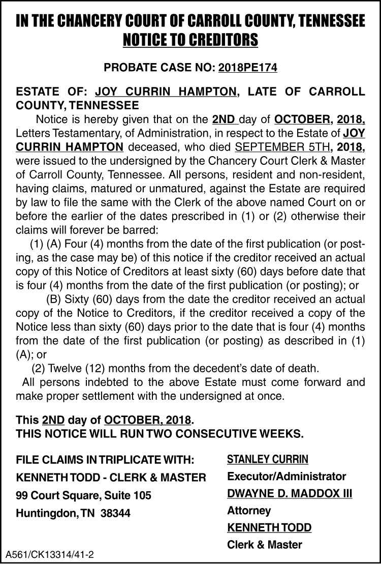 Notice to Creditors - Joy Currin Hampton