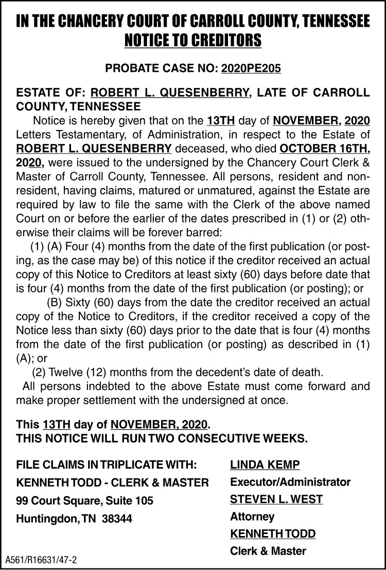 Notice to Creditors - QUESENBERRY