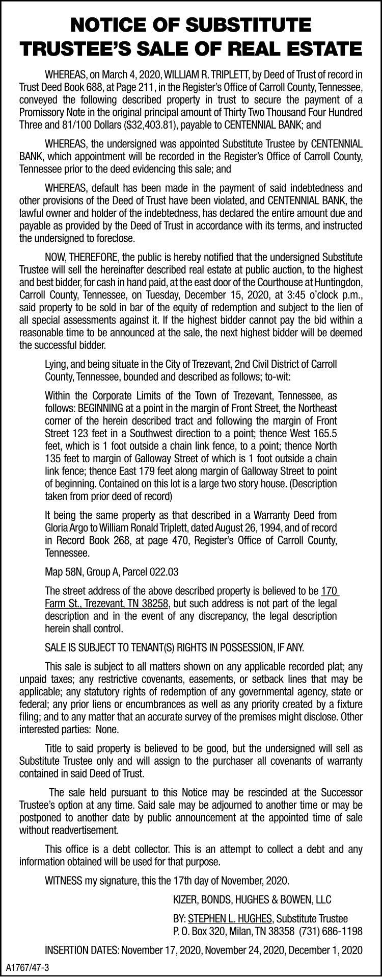 Notice of Sale of Property - TRIPLETT