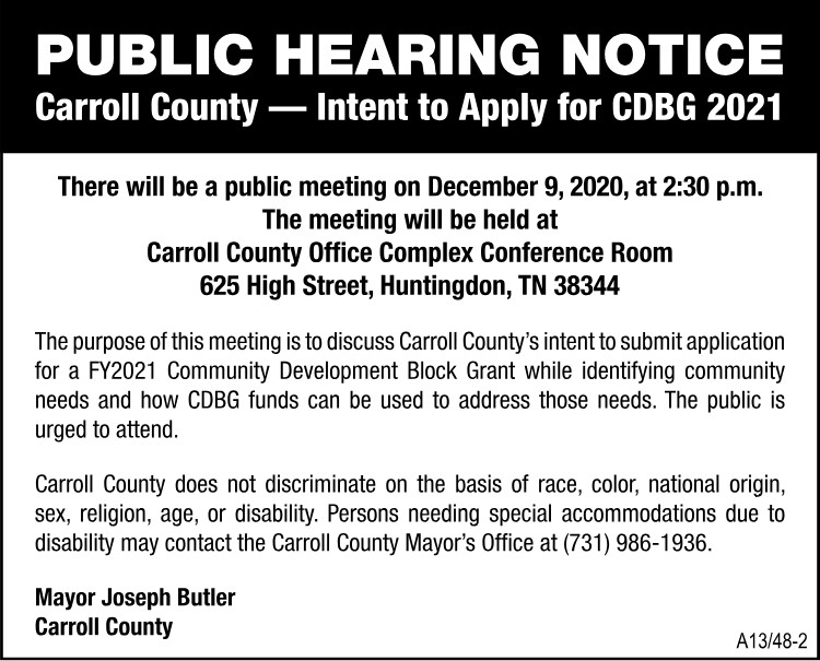 Public Hearing Notice - Carroll County Intent to Apply for CDBG 2021