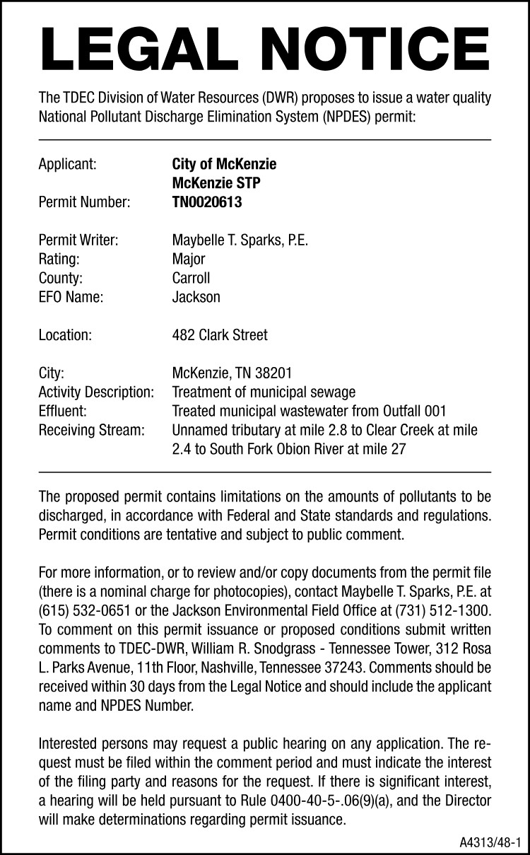 Department of Environment & Conservation - City of McKenzie Legal Ad