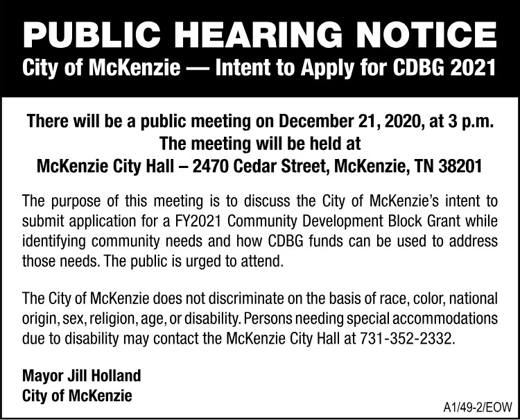 Public Hearing Notice - City of McKenzie Intent to Apply for CDBG 2021