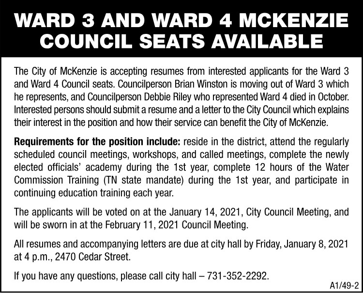 Ward 3 and Ward 4 McKenzie Council Seats Available