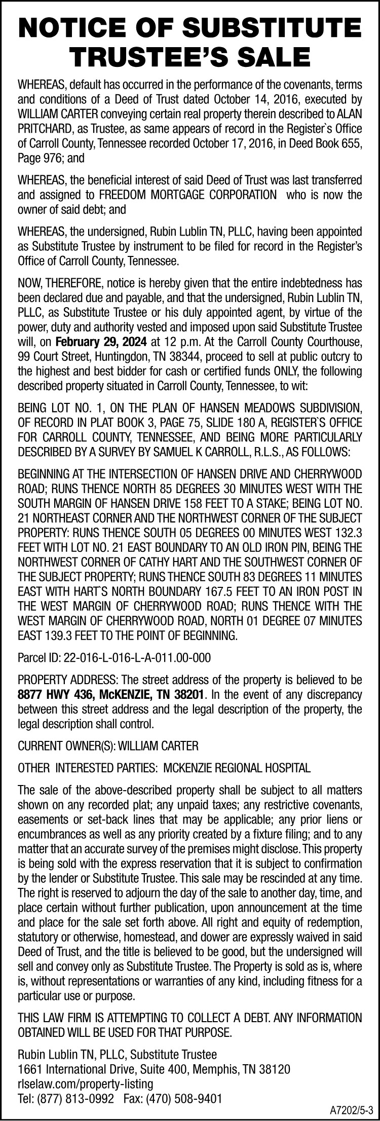 Notice of Substitute Trustee's Sale - CARTER