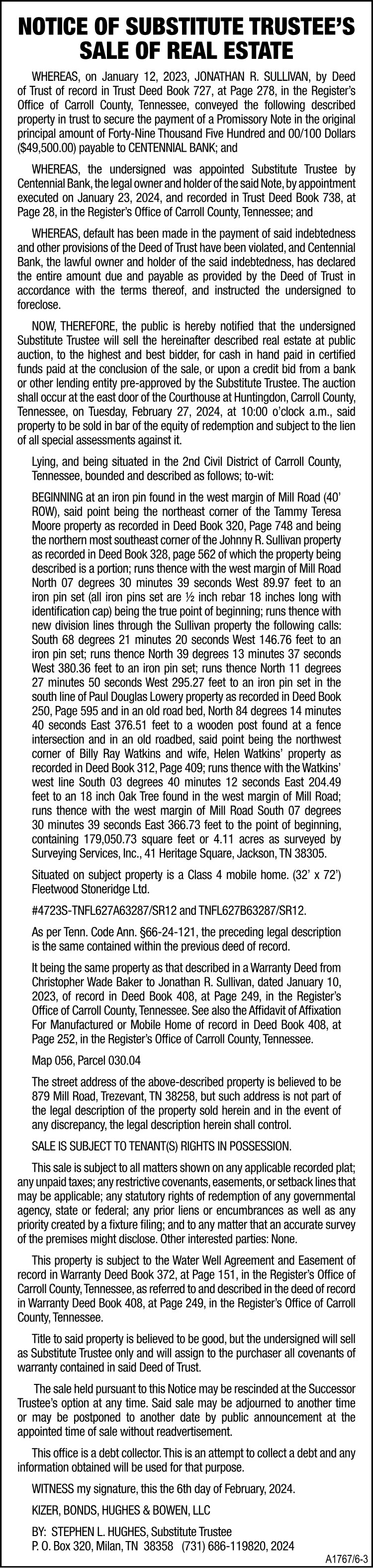 Notice of Trustee's Sale of Real Estate - Sullivan