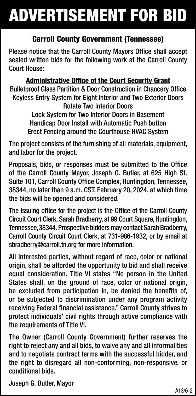 Advertisement for Bid - Carroll County Glass and Door