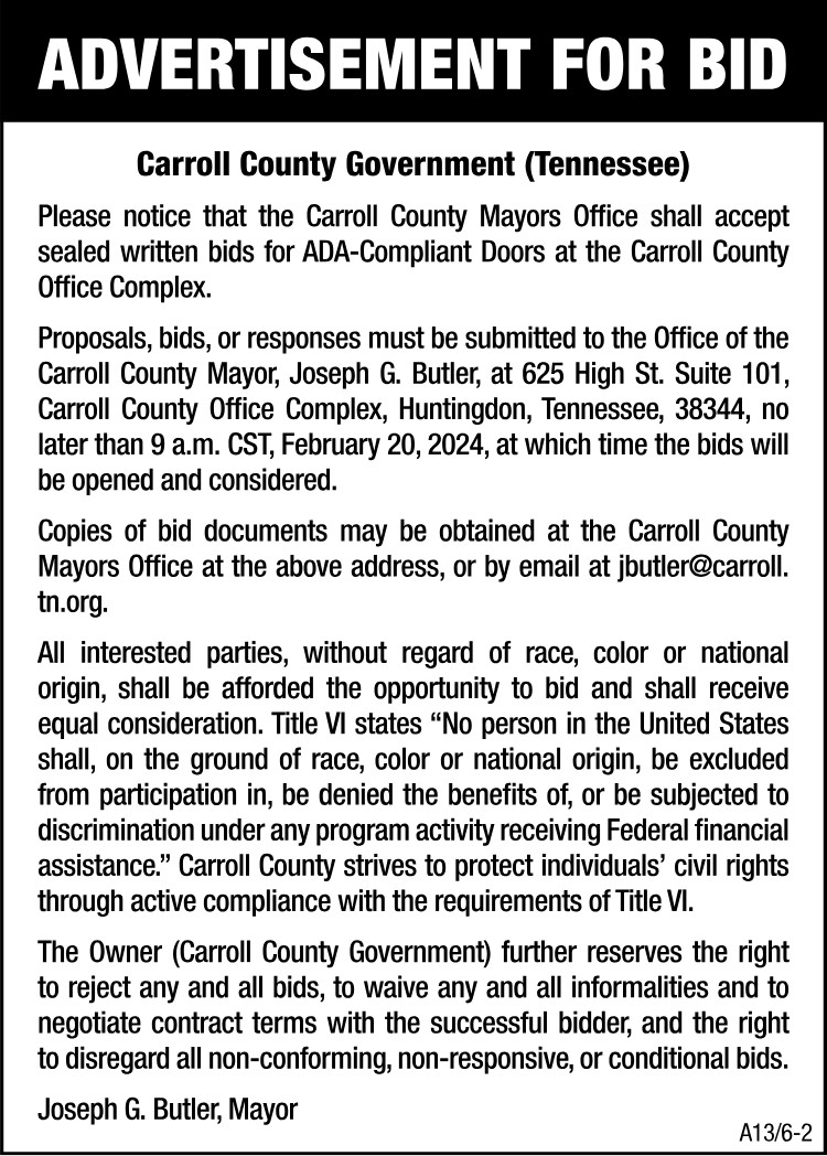 Advertisement for Bid - Carroll County ADA-Compliant Doors