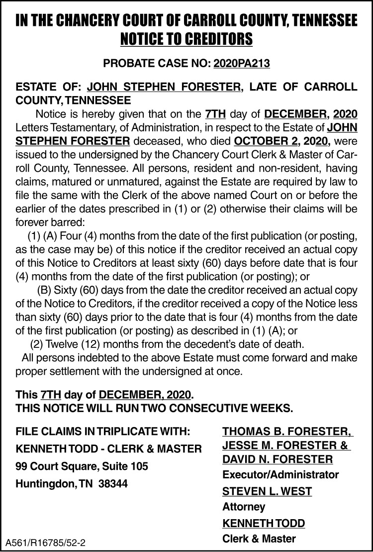 Notice to Creditors - FORESTER