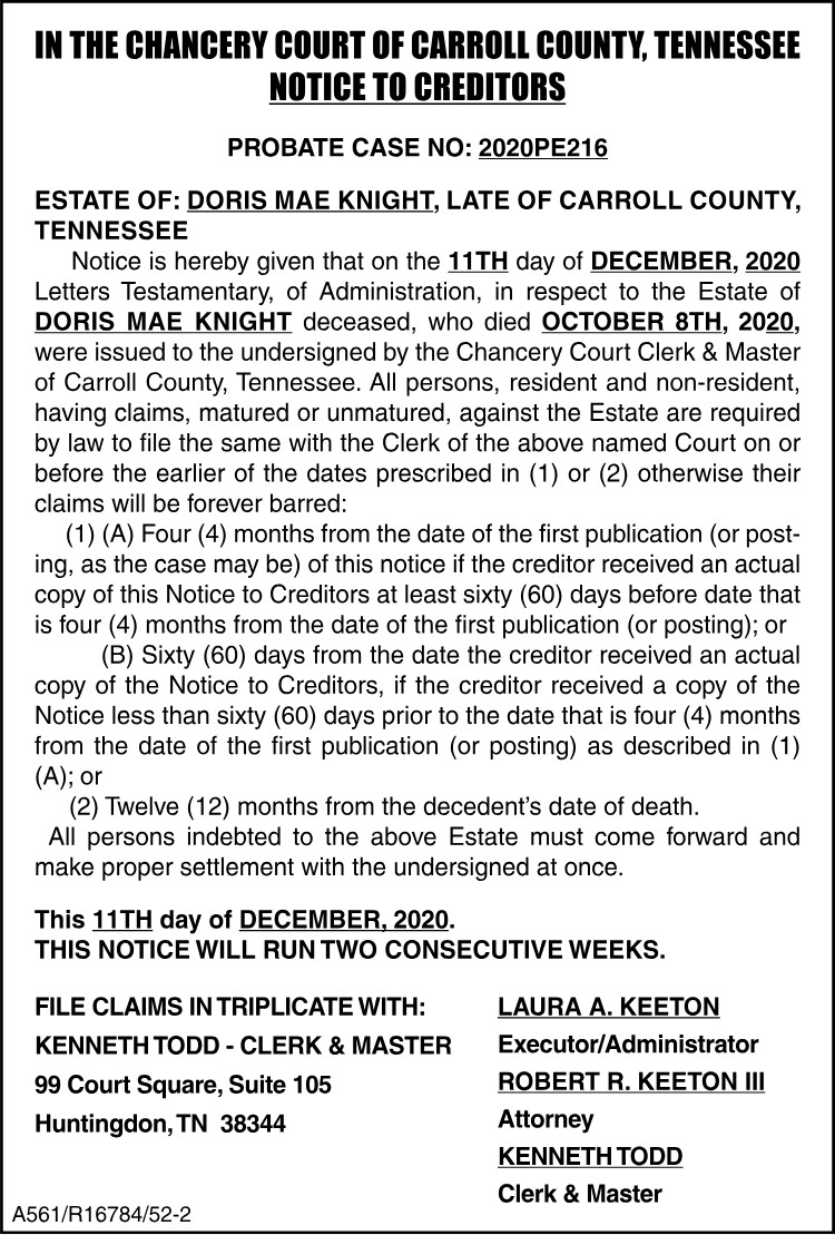 Notice to Creditors - KNIGHT