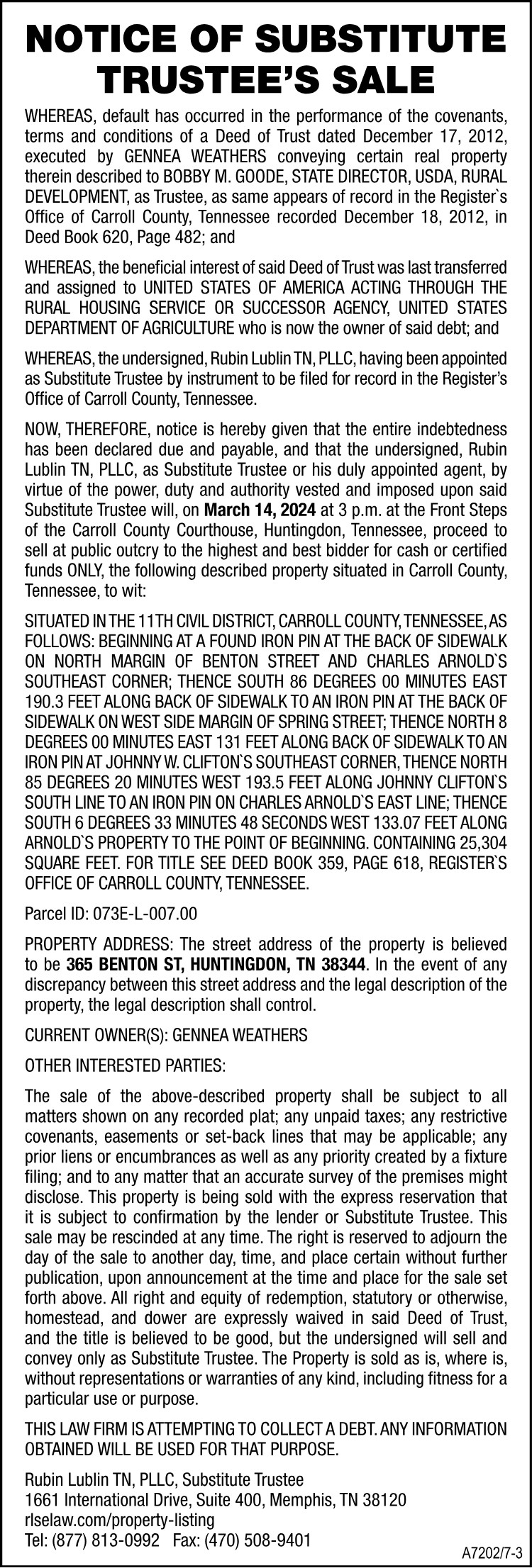 Notice of Substitute Trustee's Sale - WEATHERS