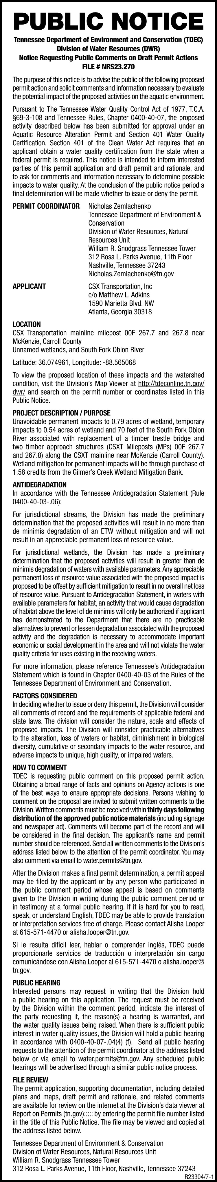 Public Notice - TN Division of Water Resources