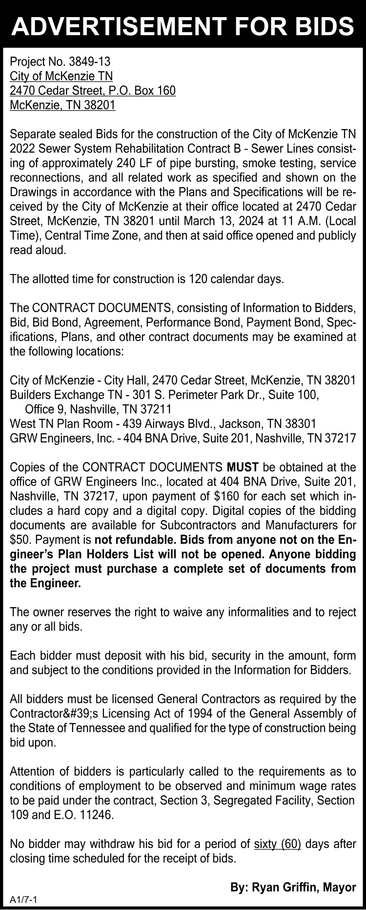 Advertisement for Bids - City of McKenzie Sewer Project